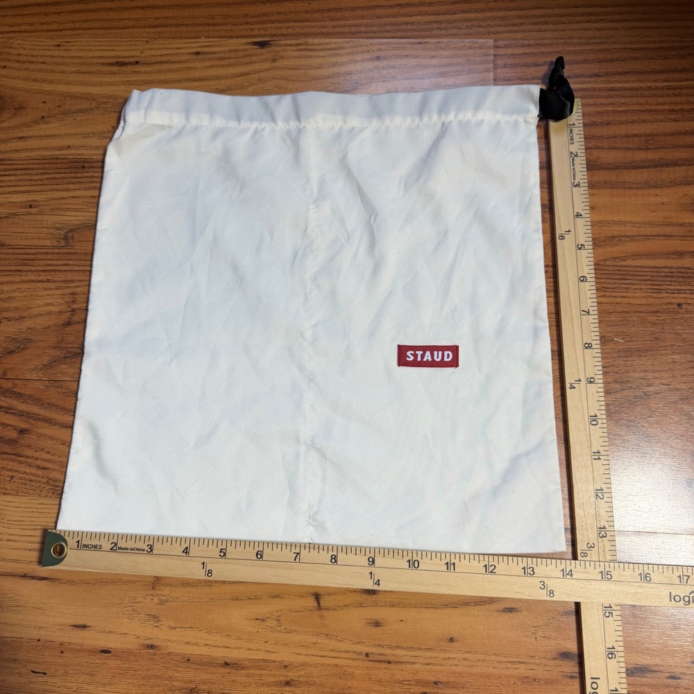 STAUD Off White Textile Drawstring Handbag Dust Bag with Red Logo Patch 14x13.5